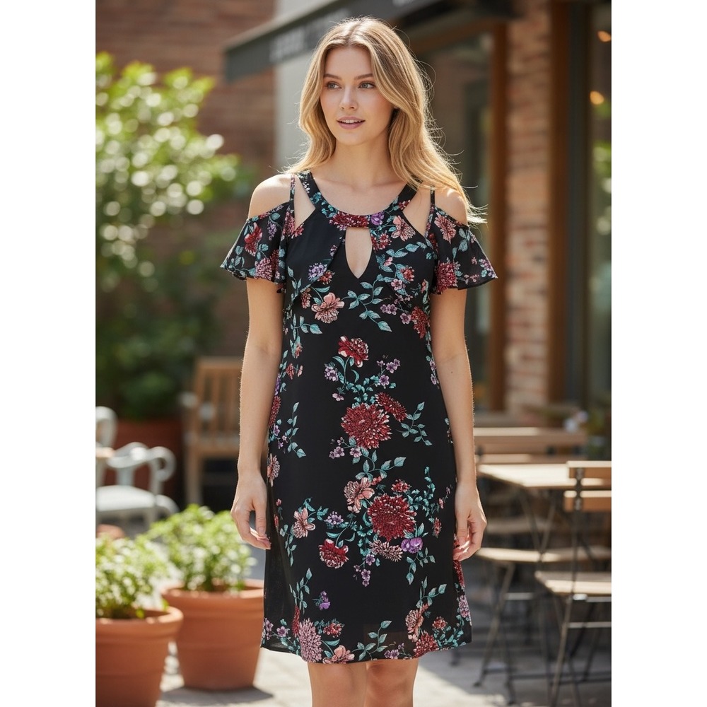 Candies Womens Black Floral Cold Shoulder Keyhole Mini Dress Size Medium M